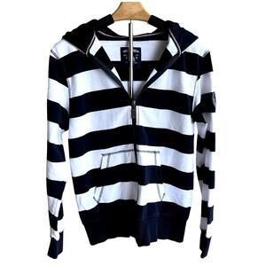Blu Mediterranean Breton‎ Stripe Full Zip Hoodie Sweatshirt Size Large Nautical